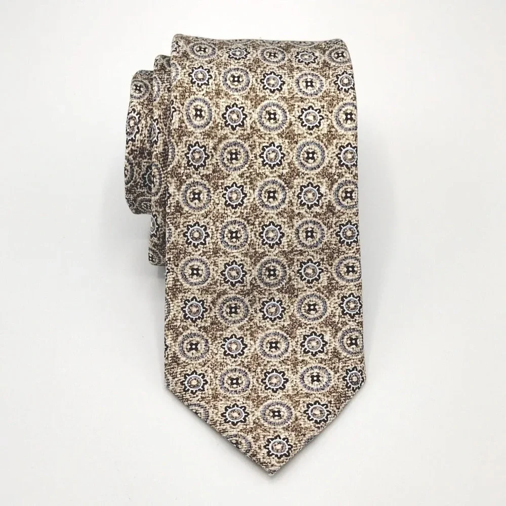 Joseph Abboud Mens OS Necktie Tan Brown Blue Silk Geometric Medallion Print Tie